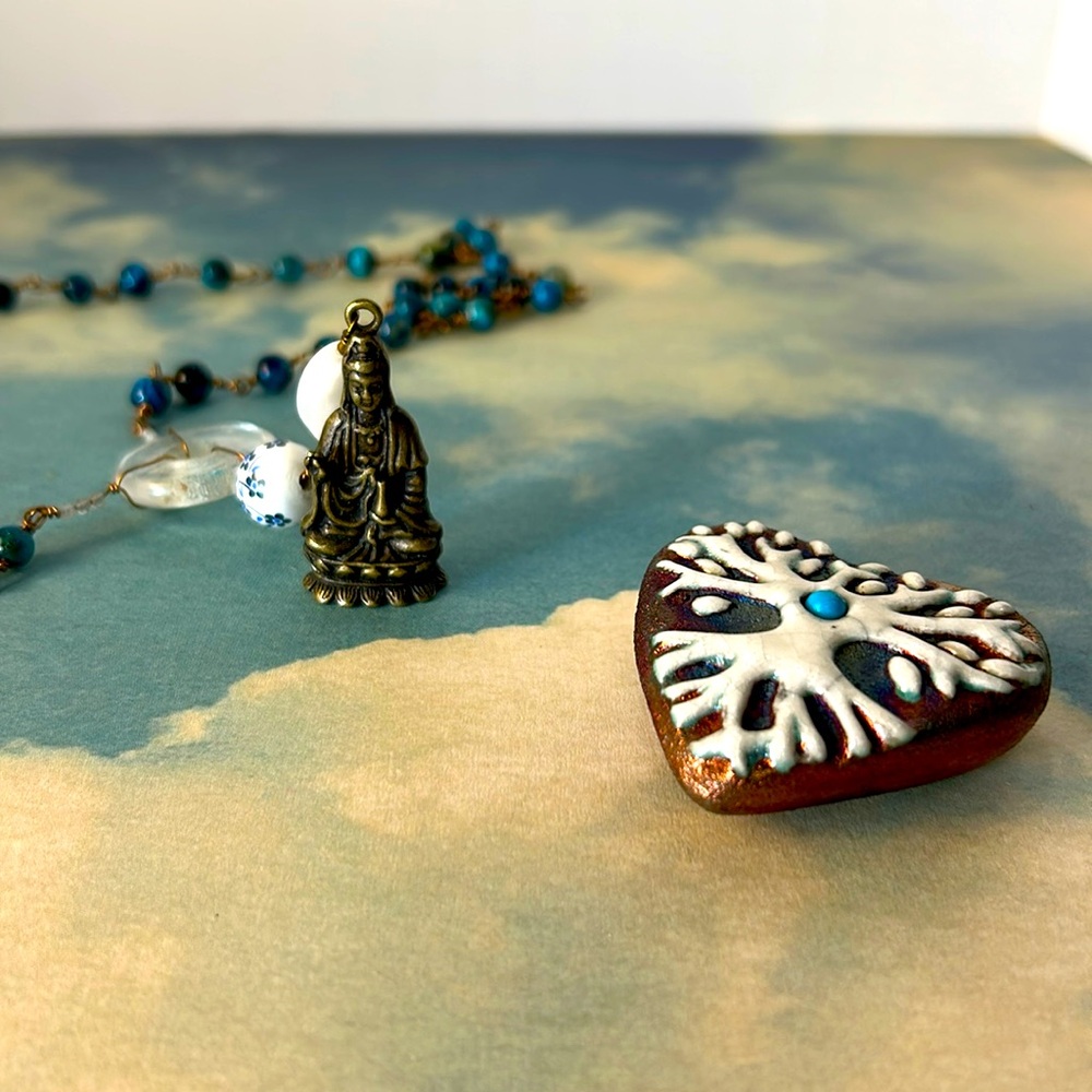 Blue Tiger Eyes Necklace with Brass Kwan Yin Kuan Yin Quan Yi Pendant